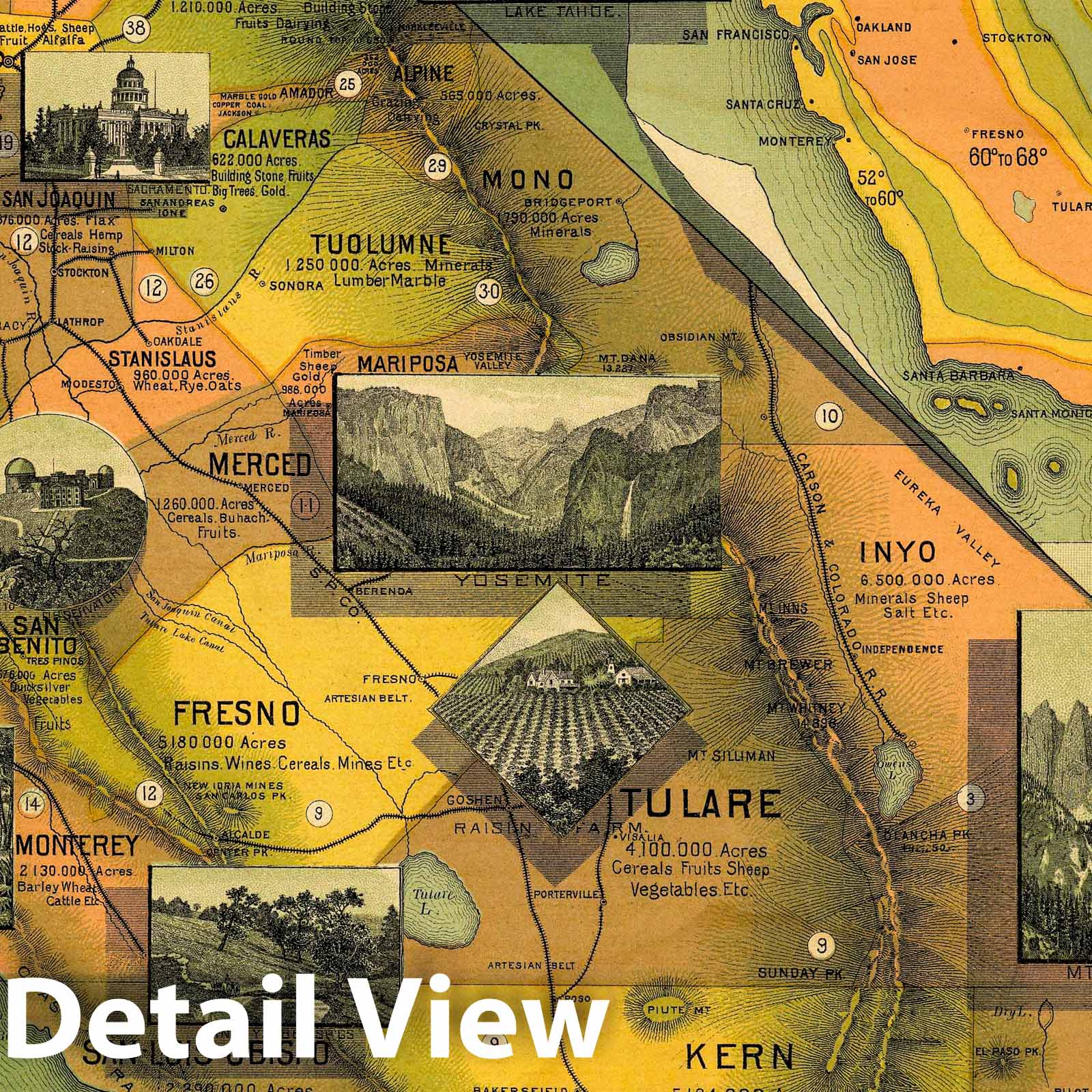California - Pictorial Map, 1885 - Historical Map Print