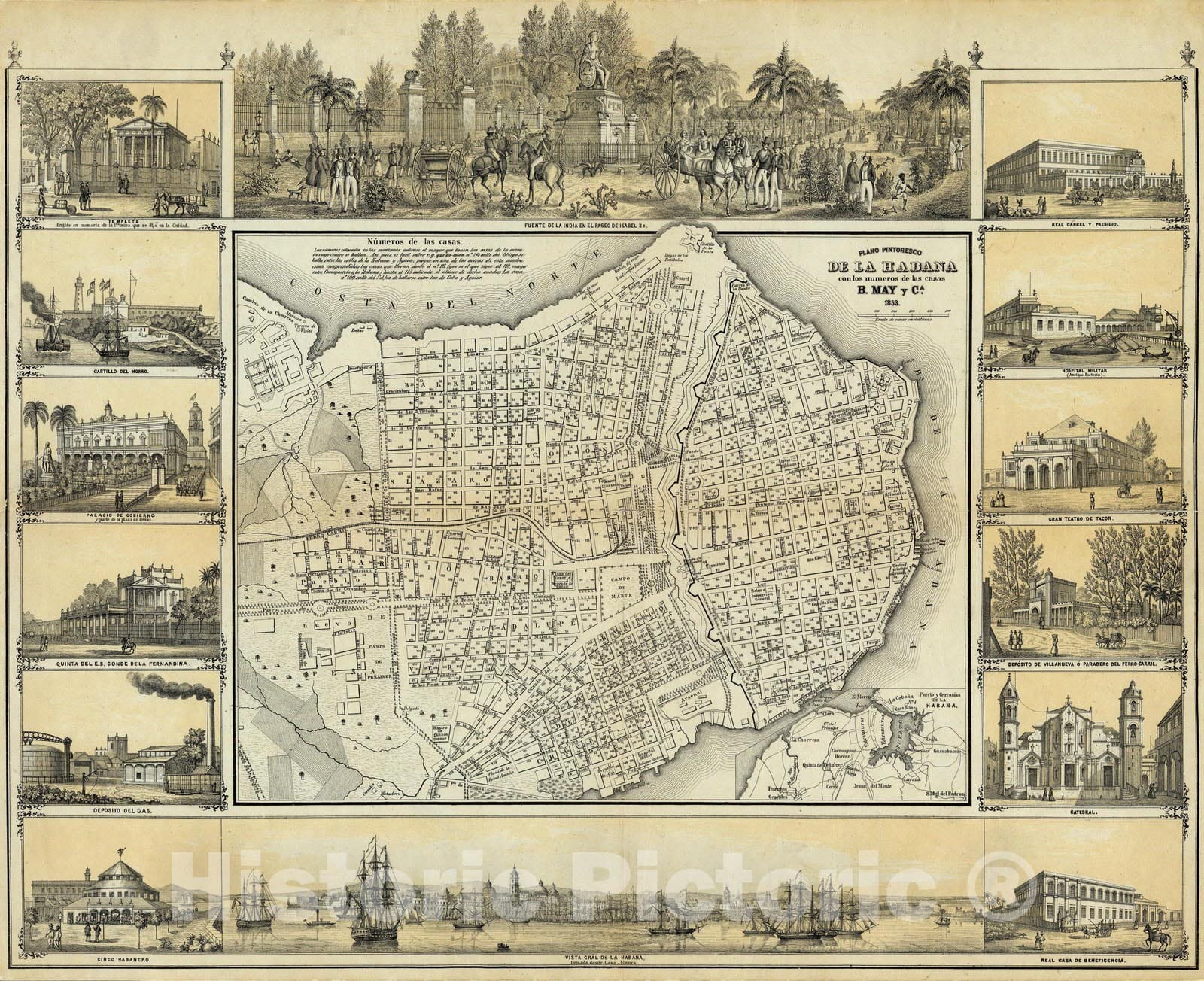 Havana, Cuba - Pictorial Map, 1853 - Historical Map Print
