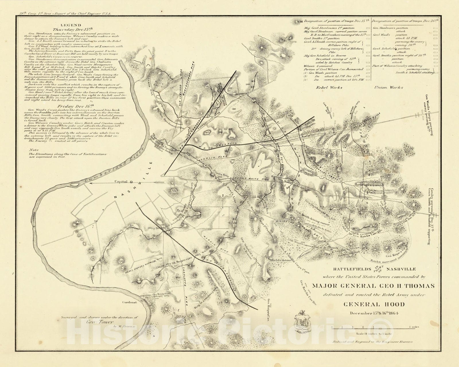 Historic Map : Battlefields In Front of Nashville. 1866 - Vintage Wall Art