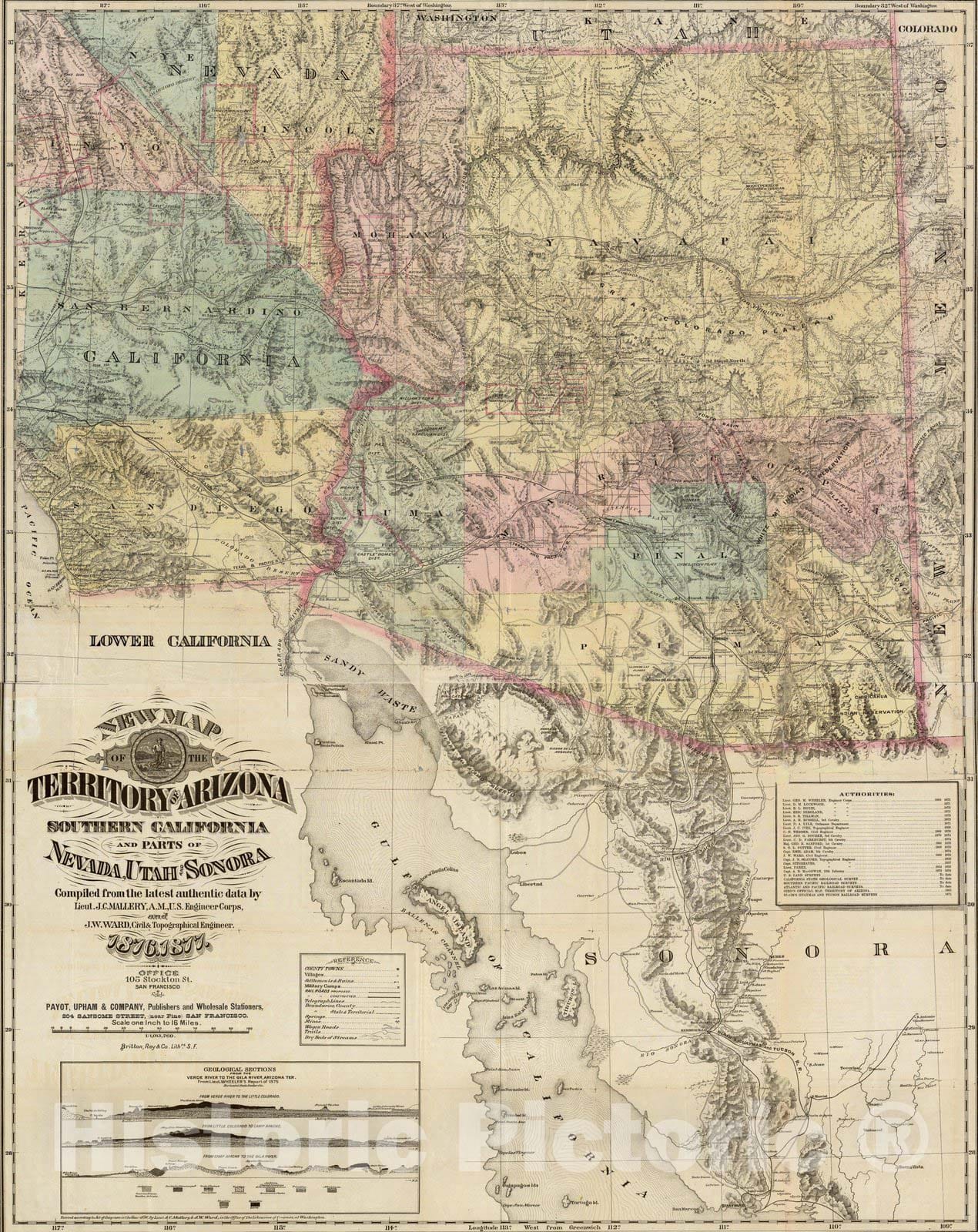 Historic Map - New Map of the Territory of Arizona Southern California and Parts of Nevada, Utah and Sonora, 1877, J.C. Mallery - Vintage Wall Art
