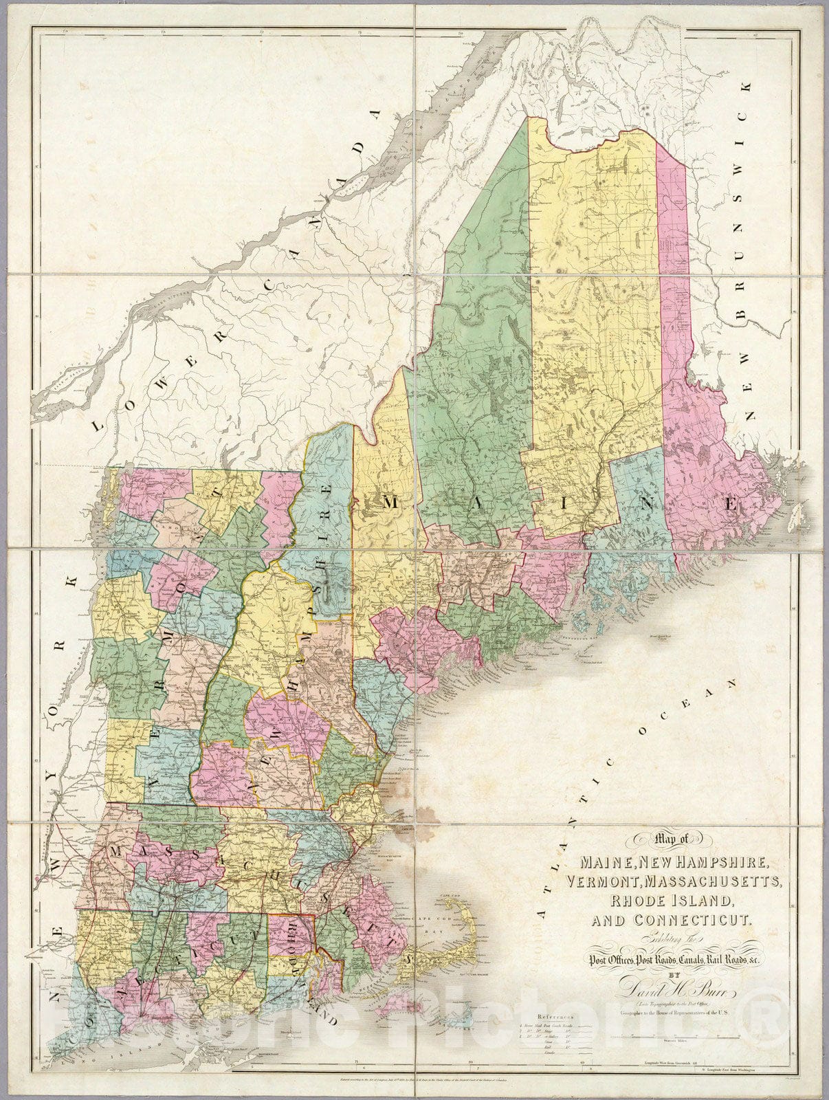 Historic Map - of Maine, New Hampshire, Vermont, Massachusetts, Rhode Island and Connecticut. Exhibiting the Post Offices, Post Roads, Canals, Rail Roads, 1839 - Vintage Wall Art