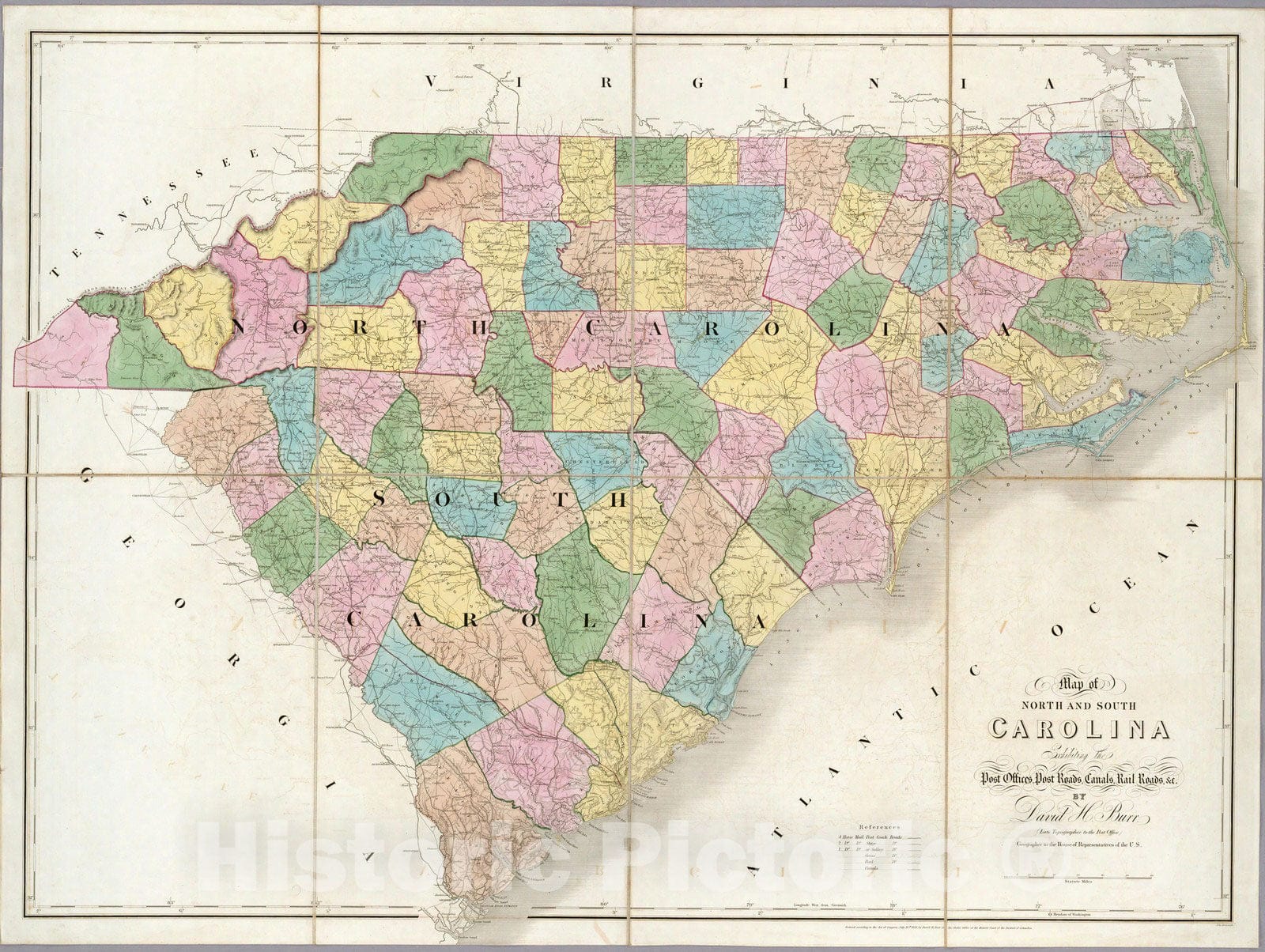 Historic Map : Map of North And South Carolina, 1839 - Vintage Wall Art