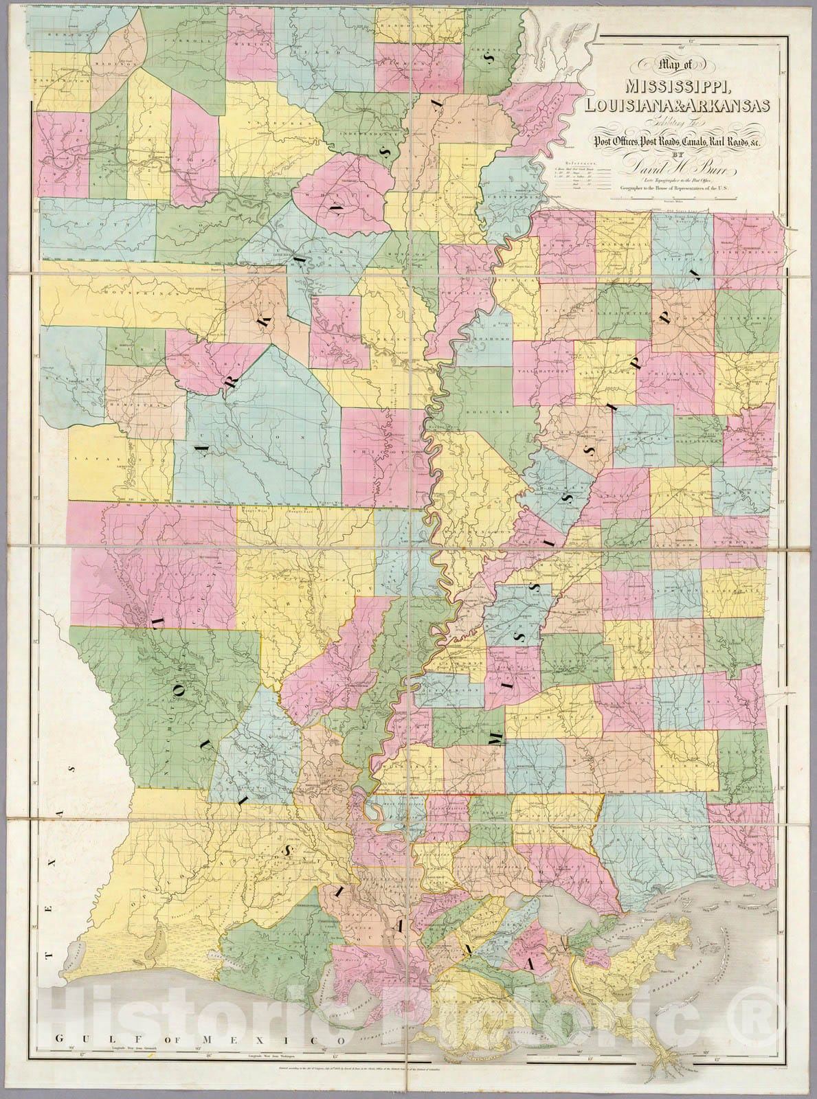 Historic Map : Map of Mississippi, Louisiana & Arkansas, 1839 - Vintage Wall Art