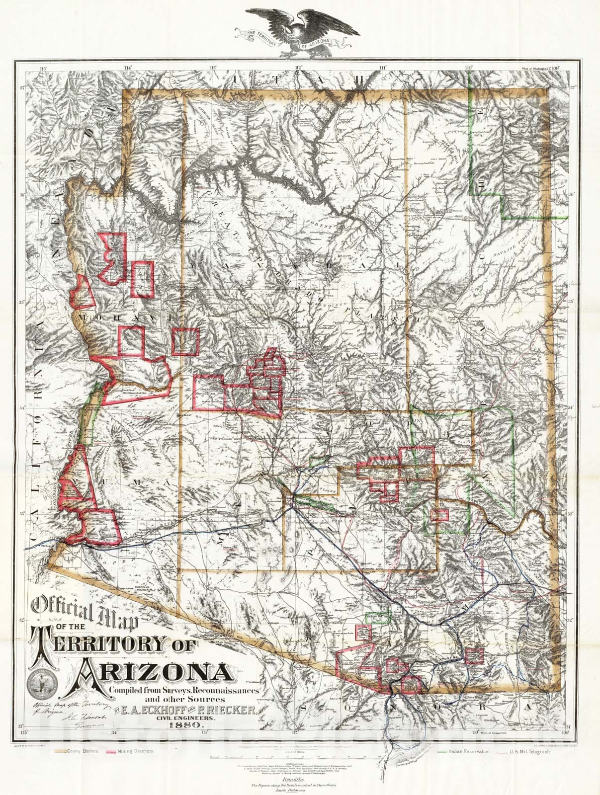 Official Map of The Territory of Arizona, 1880 - Vintage Wall Art