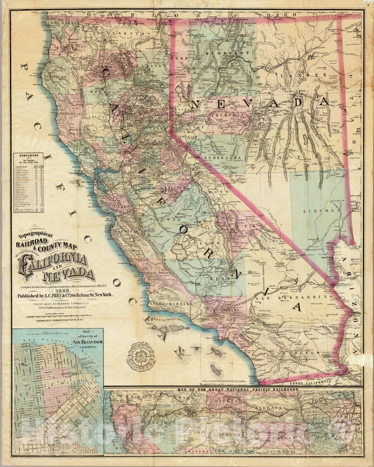 California and Nevada - Railroad Map, 1868 - Historical Map Print