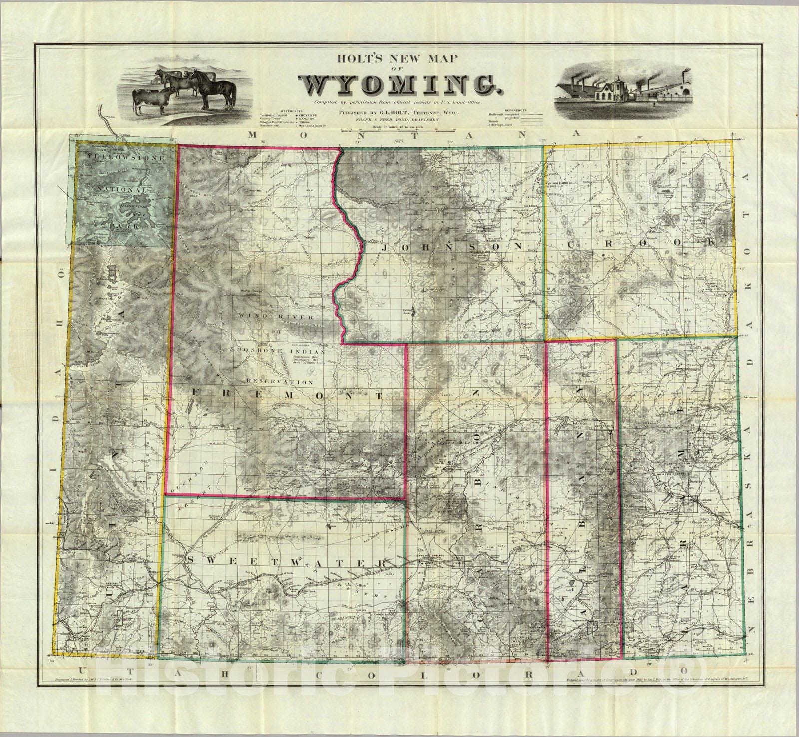 Historic Map : Holt's New Map of Wyoming, 1885 - Vintage Wall Art