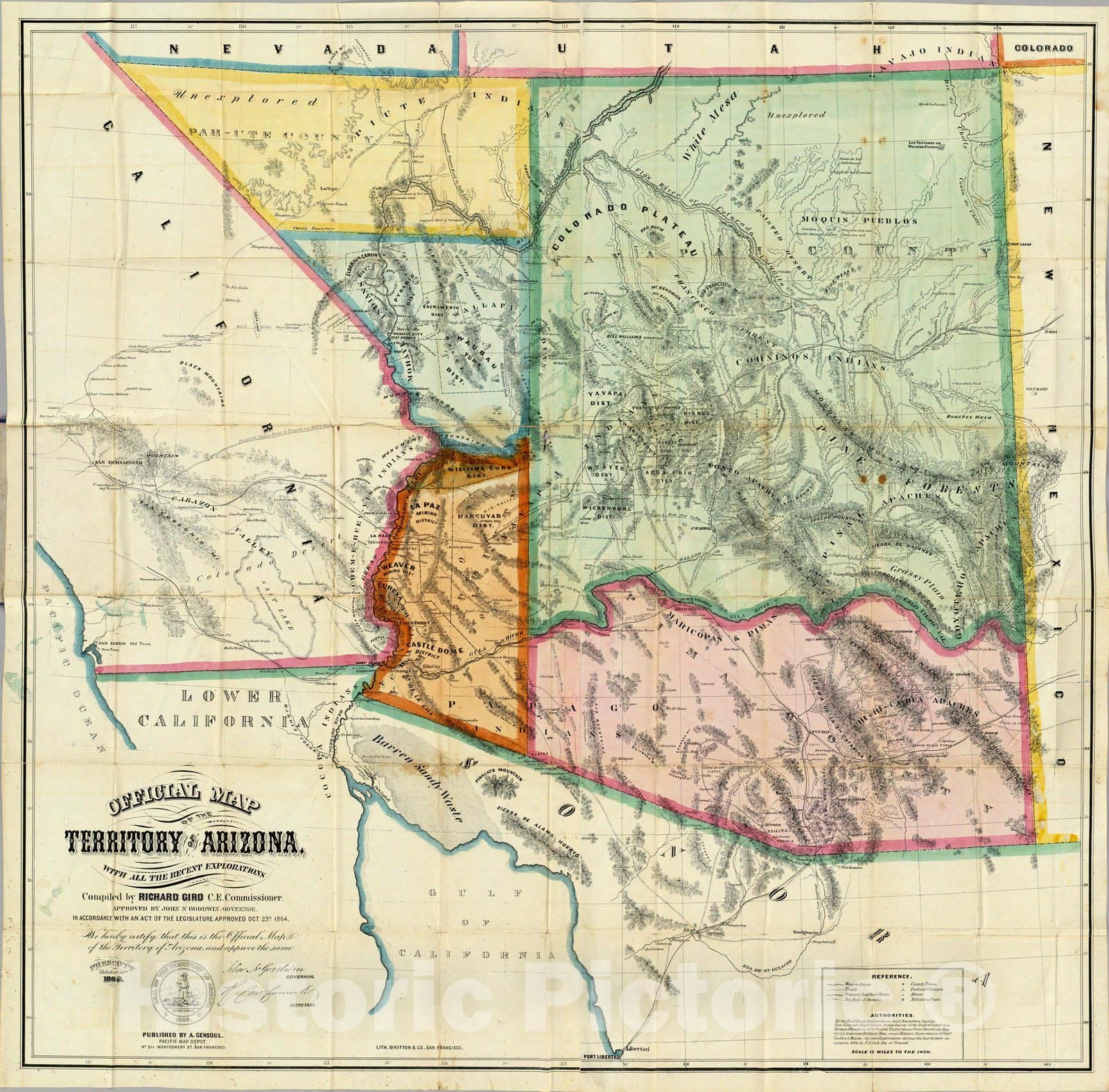 Arizona - Route Map, 1865 - Historical Map Print