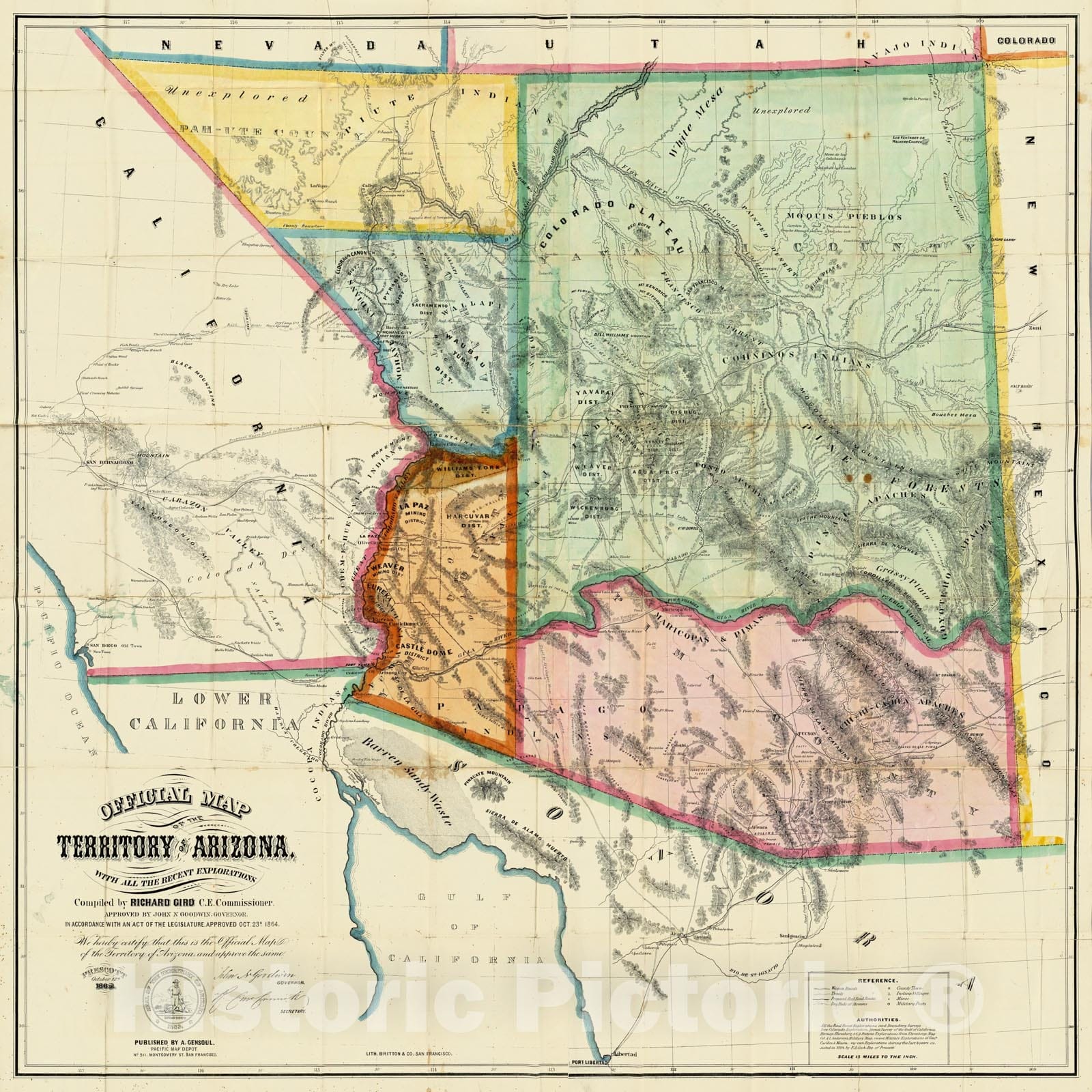 Historic Map : Official Map of The Territory of Arizona, 1865 - Vintage Wall Art