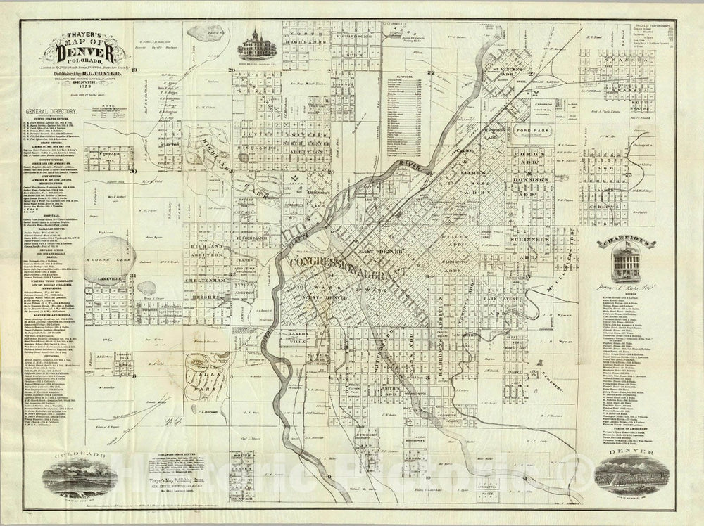Historic Map - Thayer's Map of Denver Colorado, 1879 - Vintage Wall Art