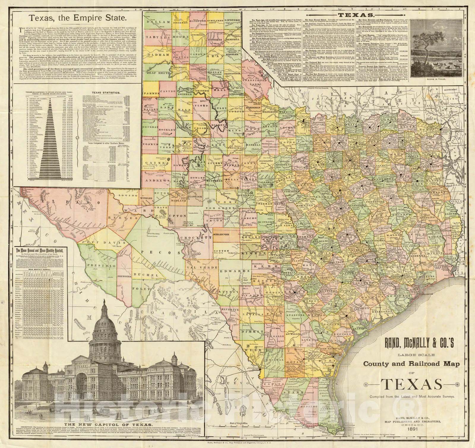 1891 Railroad Map of Texas - Large Scale County Map Print