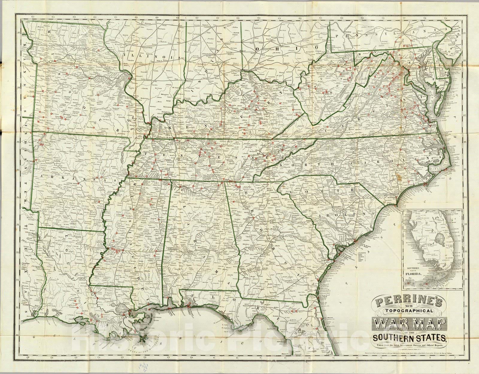 Civil War: Southern States with inset Southern Florida - Military Map, 1864