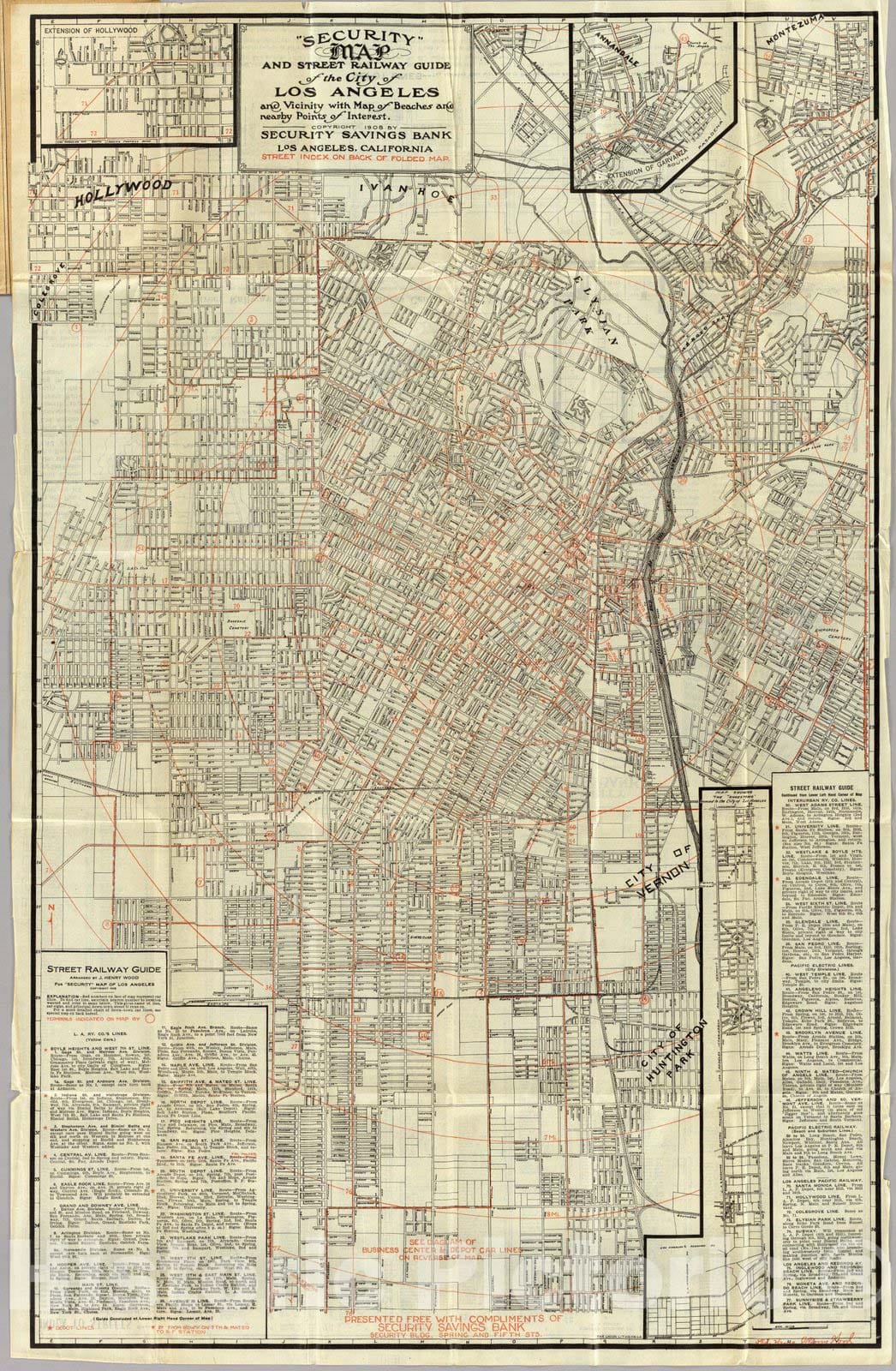 Los Angeles and Vicinity with Hollywood - 1908 Street Railway Guide Map Print