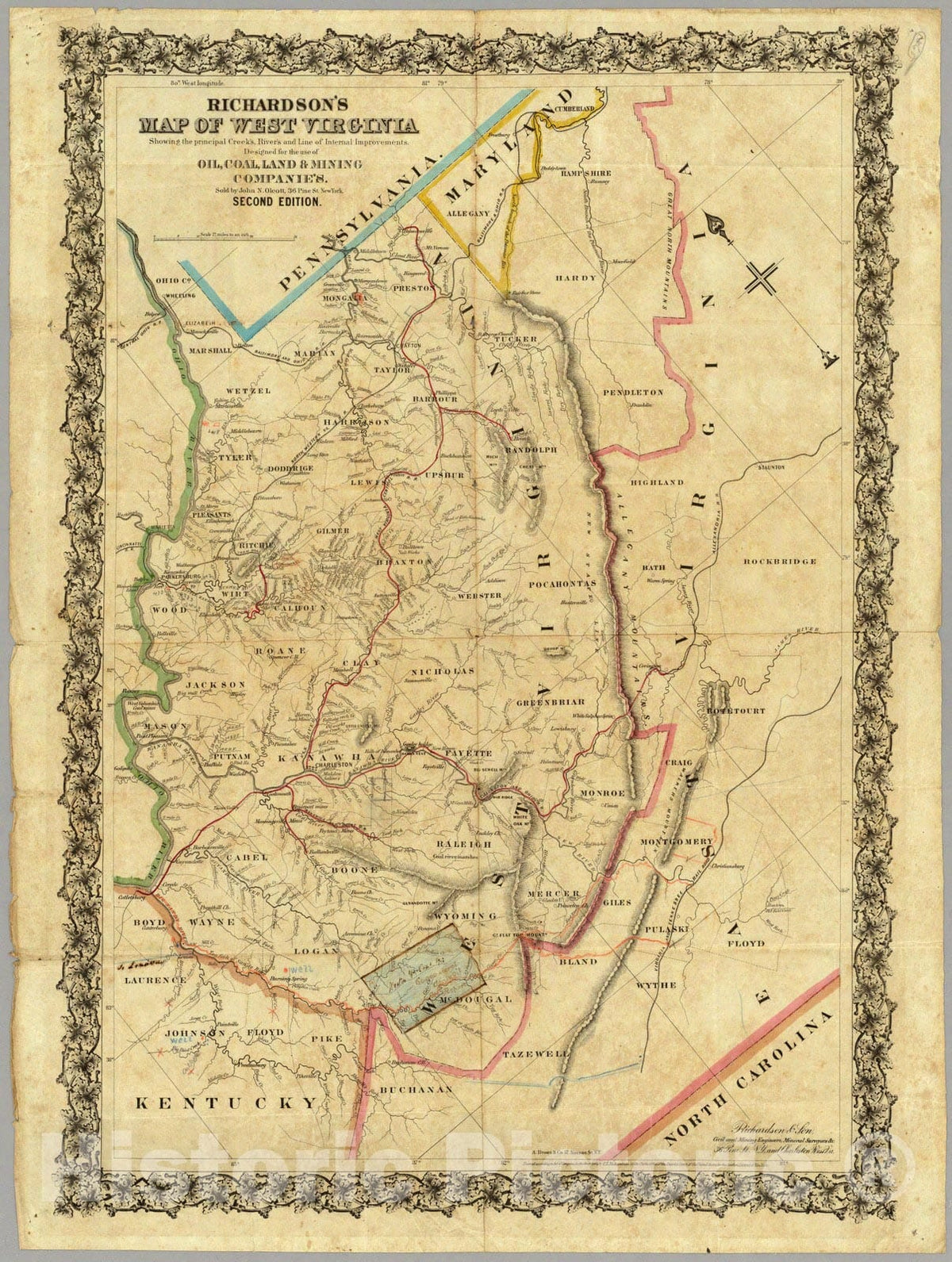 West Virginia - River Map, 1864 - Historical Topographic Map Print