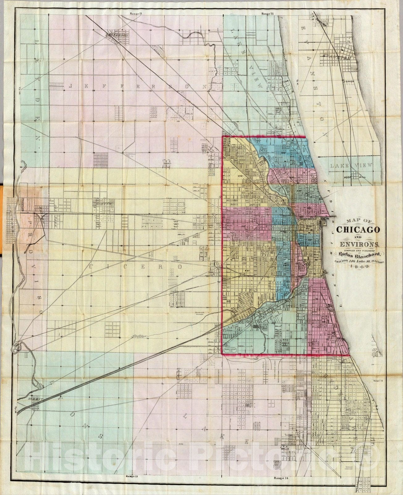 Historic Map : Map of Chicago And Environs, 1869 - Vintage Wall Art