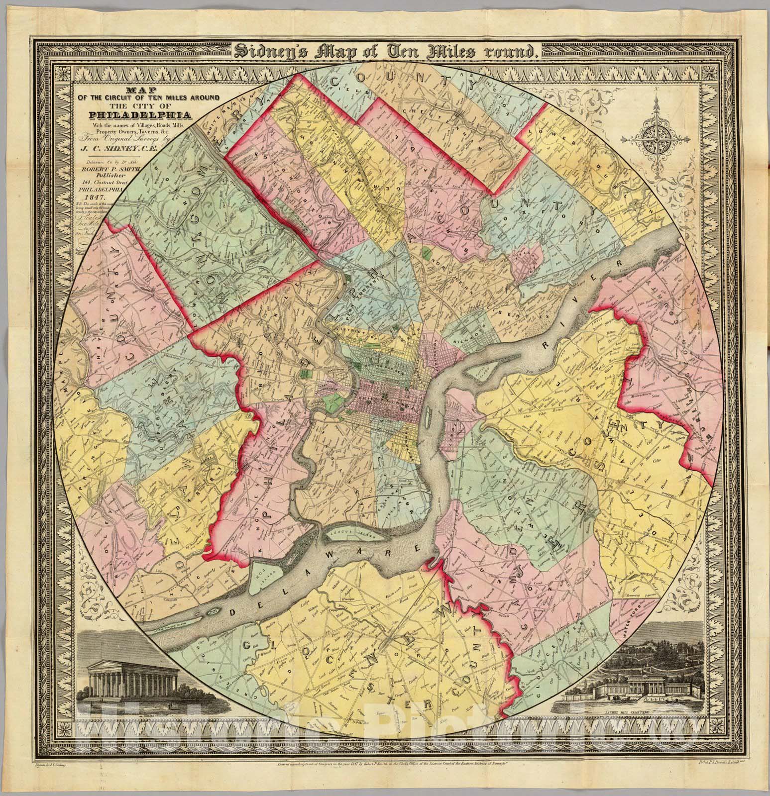 Historic Map - Map Around The City of Philadelphia, 1847, - Vintage Wall Art