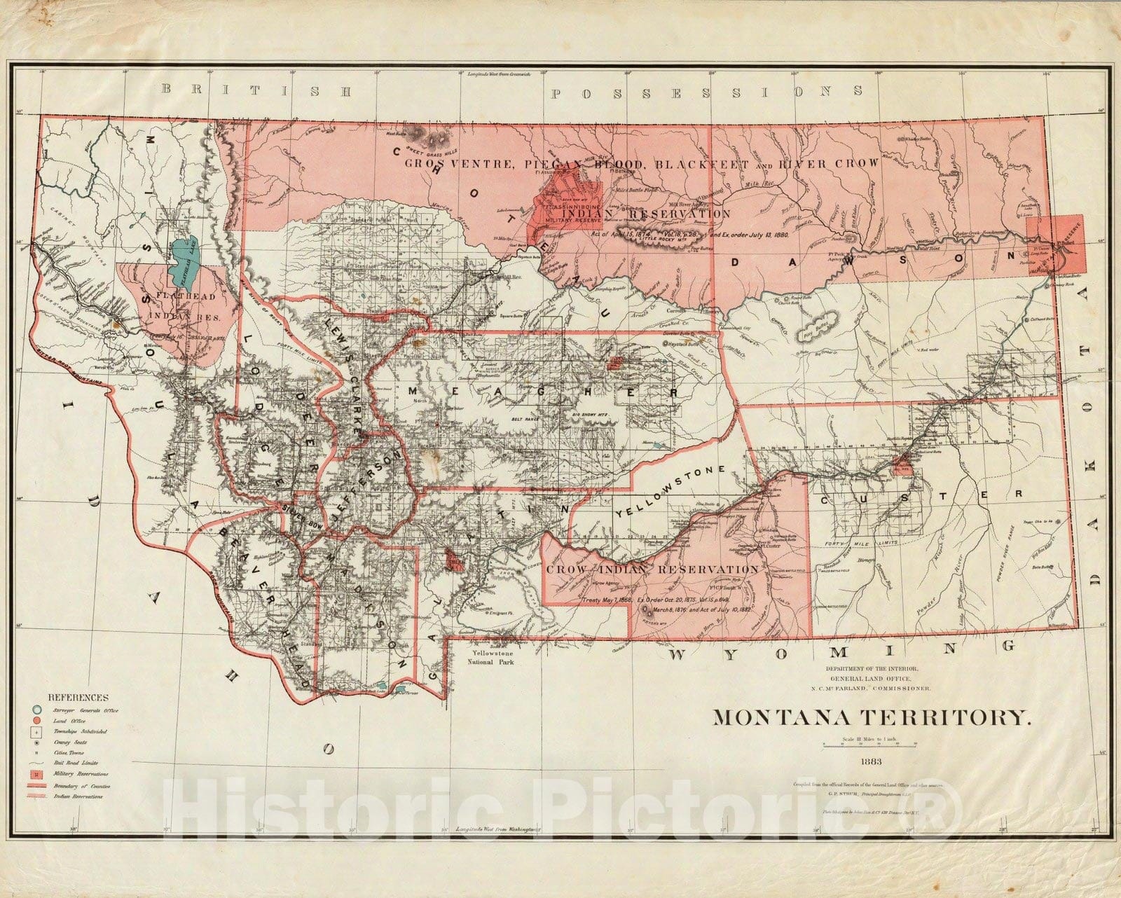 Historic Map - Department of The Interior General Land office Map - Montana Territory. 1883, - Vintage Wall Art