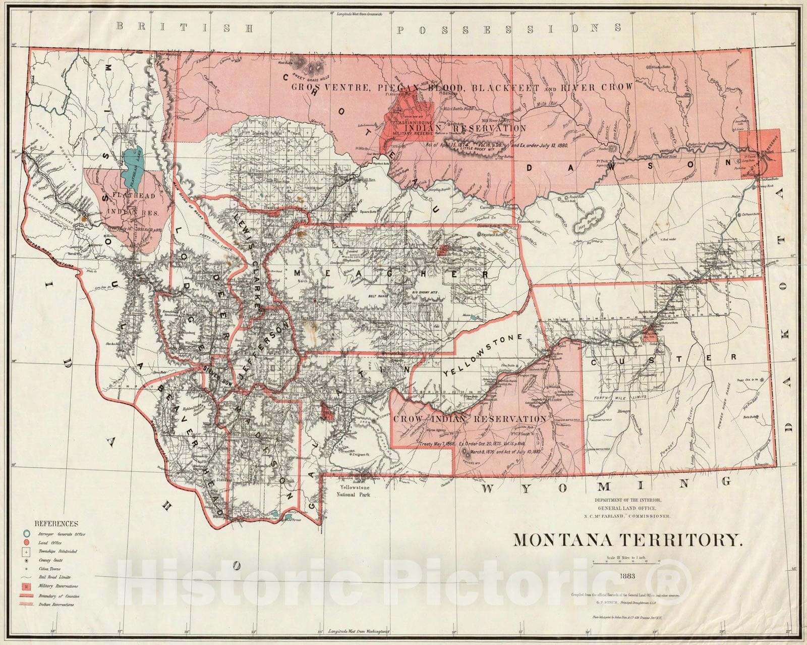 Historic Map - Department of The Interior General Land office Map - Montana Territory. 1883, - Vintage Wall Art