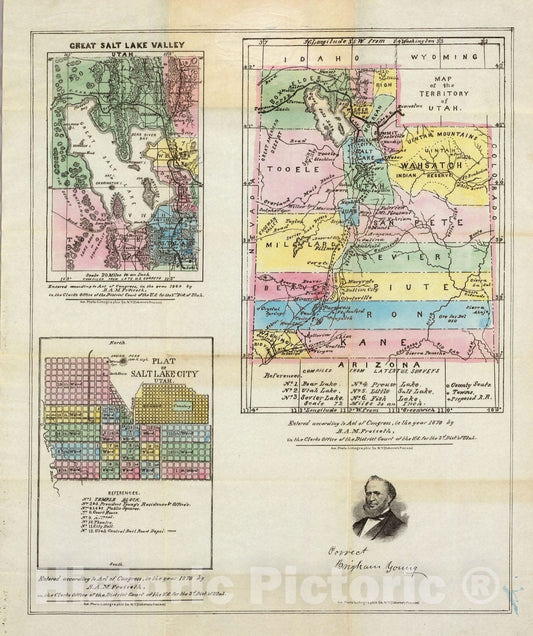 Utah Territory with Great Salt Lake Valley and Salt Lake City, 1870 - Historical Map Print