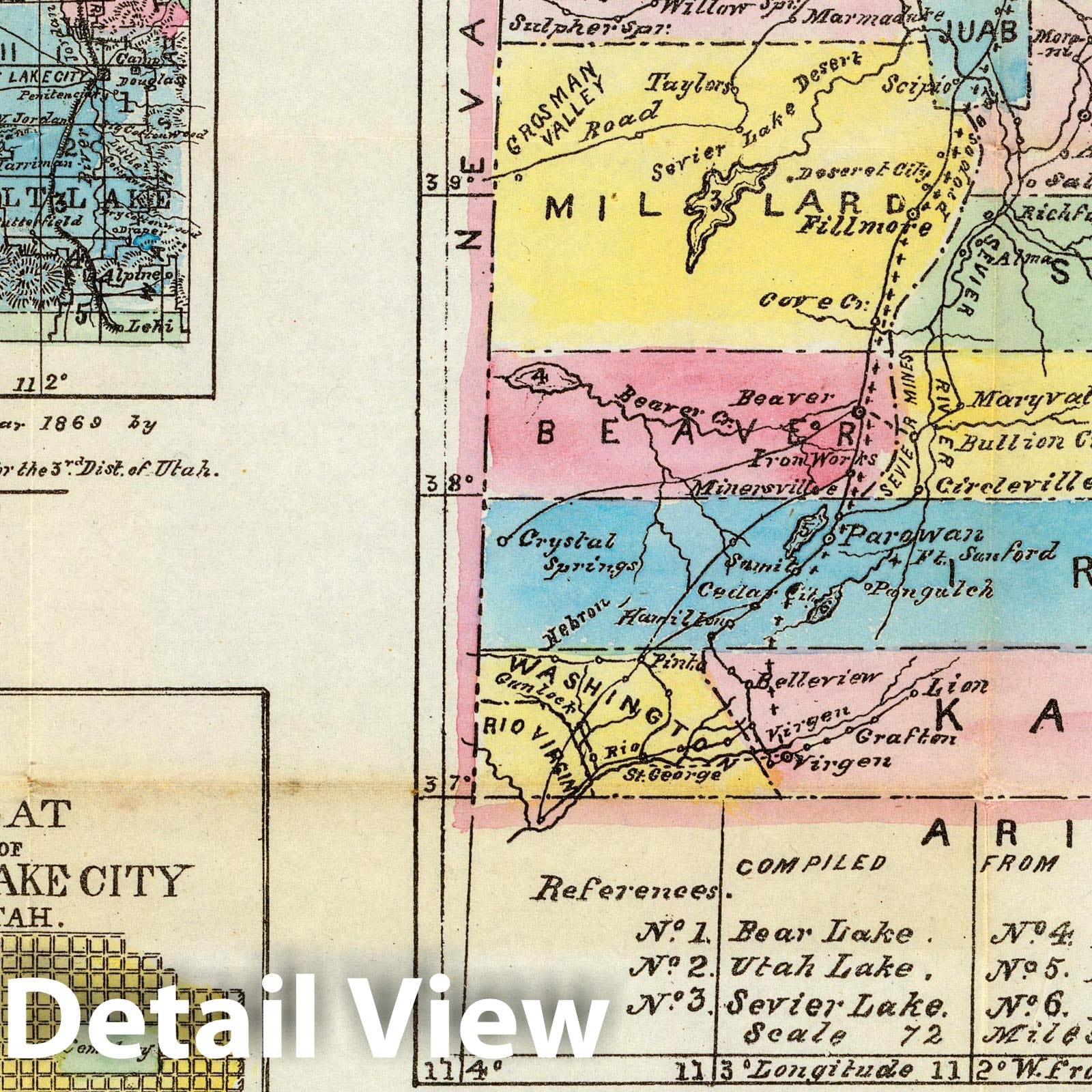 Utah Territory with Great Salt Lake Valley and Salt Lake City, 1870 - Historical Map Print
