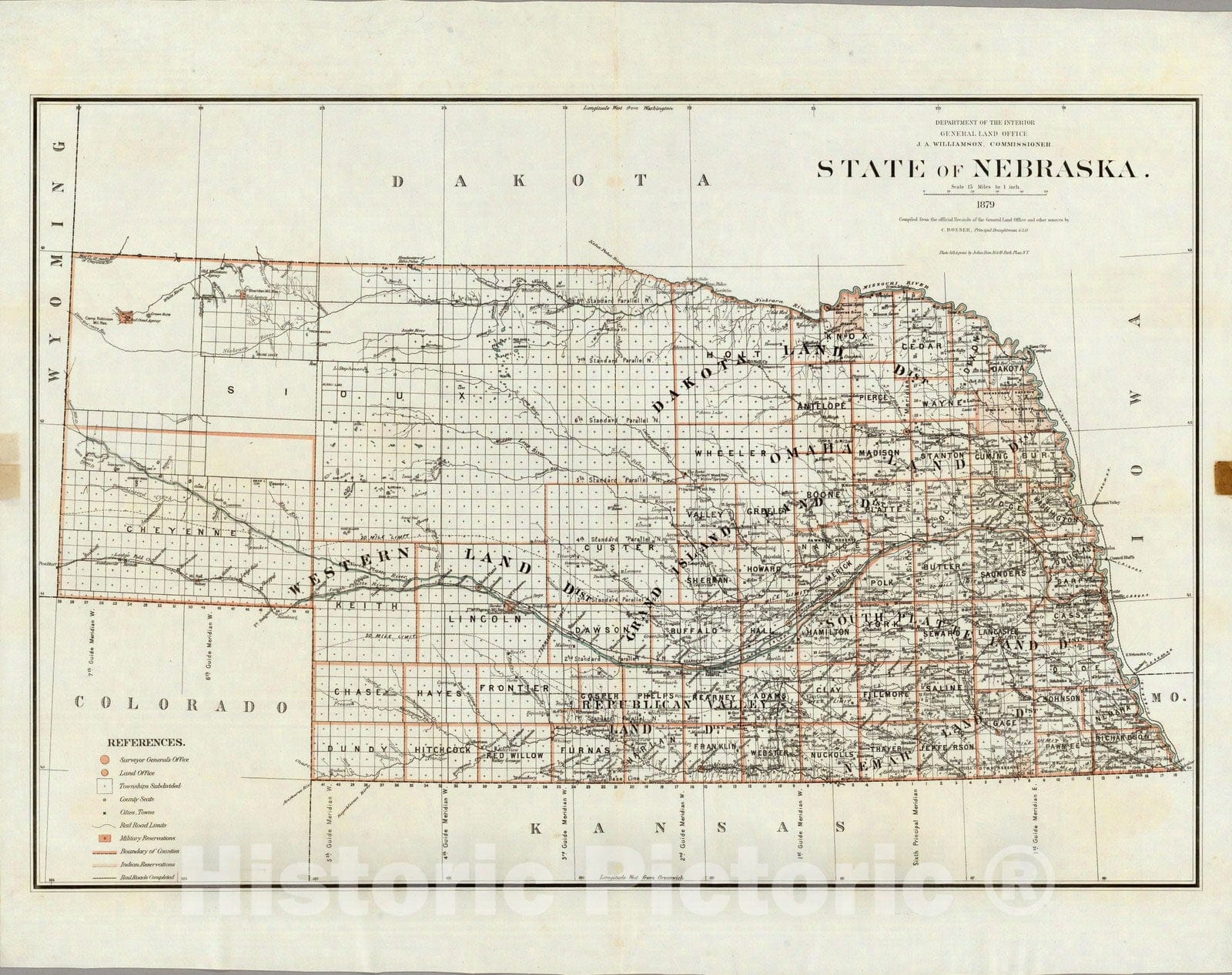 Nebraska - Survey Map, 1879 - Historical Map Print
