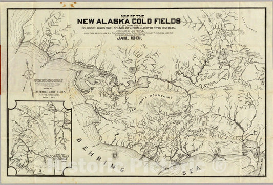 Alaska Gold Fields: Nome, Copper River Districts, 1901 - Historical Map Print