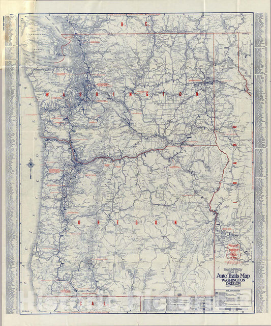 Washington and Oregon - Road Map, 1925 - Rand McNally Auto Trails Historical Print