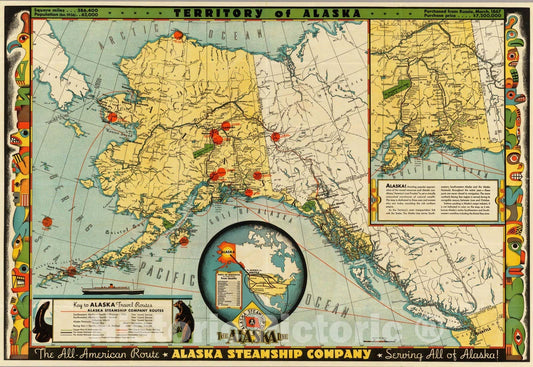 Alaska - Route Map, 1936 - Steamship Routes Historical Print
