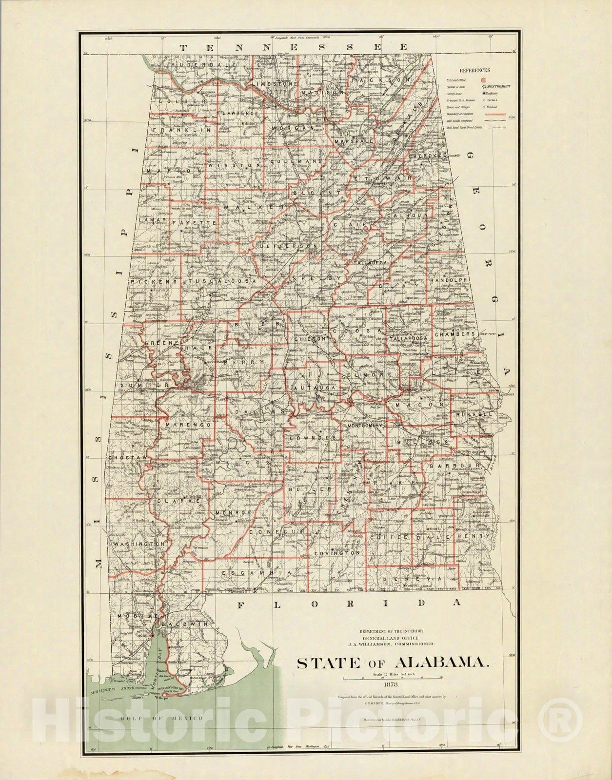 Historic Map : Department of The Interior General Land office Map - State of Alabama. 1878 - Vintage Wall Art