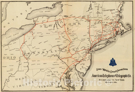 Northeastern United States Communications Map, 1891 - Historical Map Print