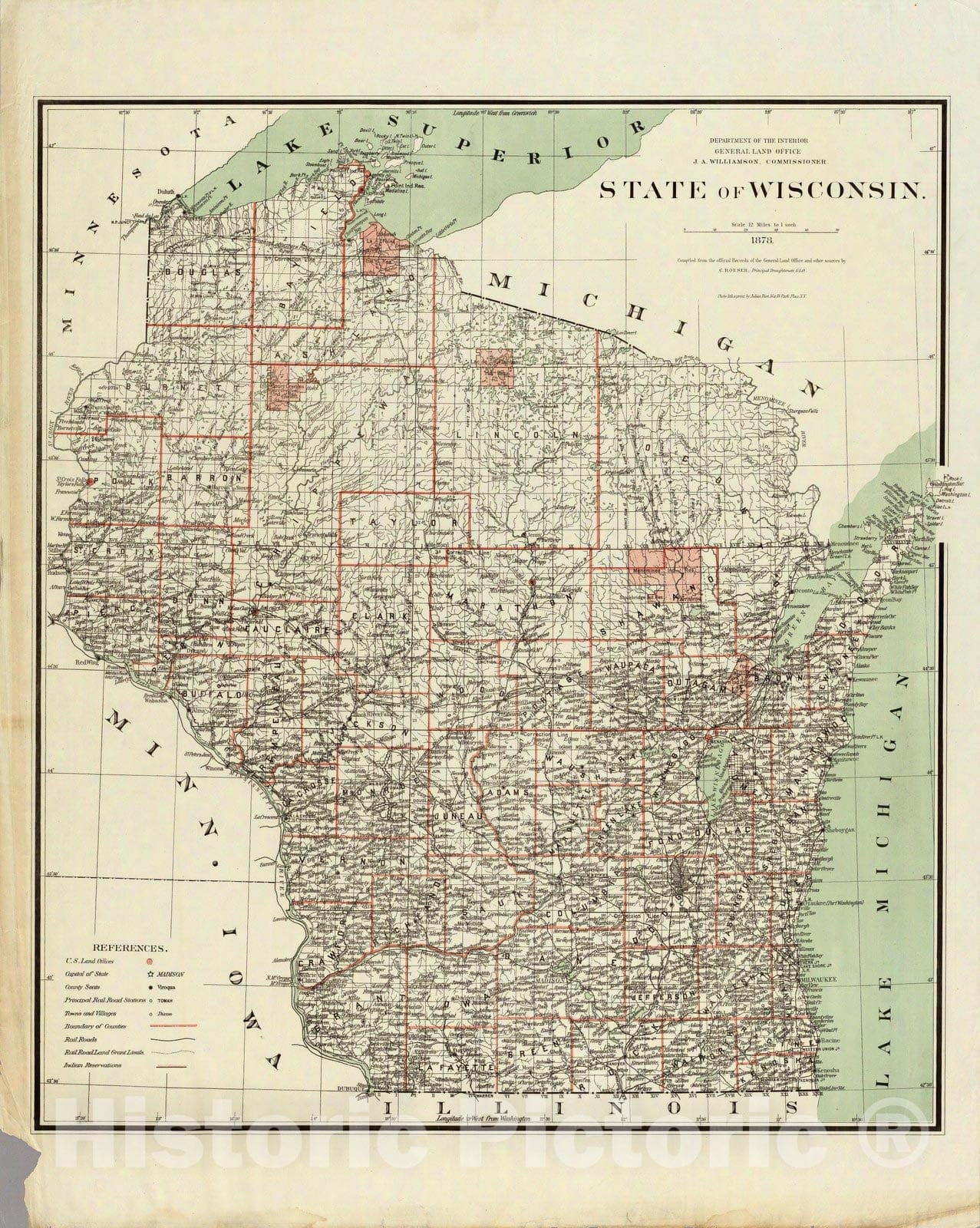 Historic Map : Department of The Interior General Land office Map - State of Wisconsin. 1878 - Vintage Wall Art