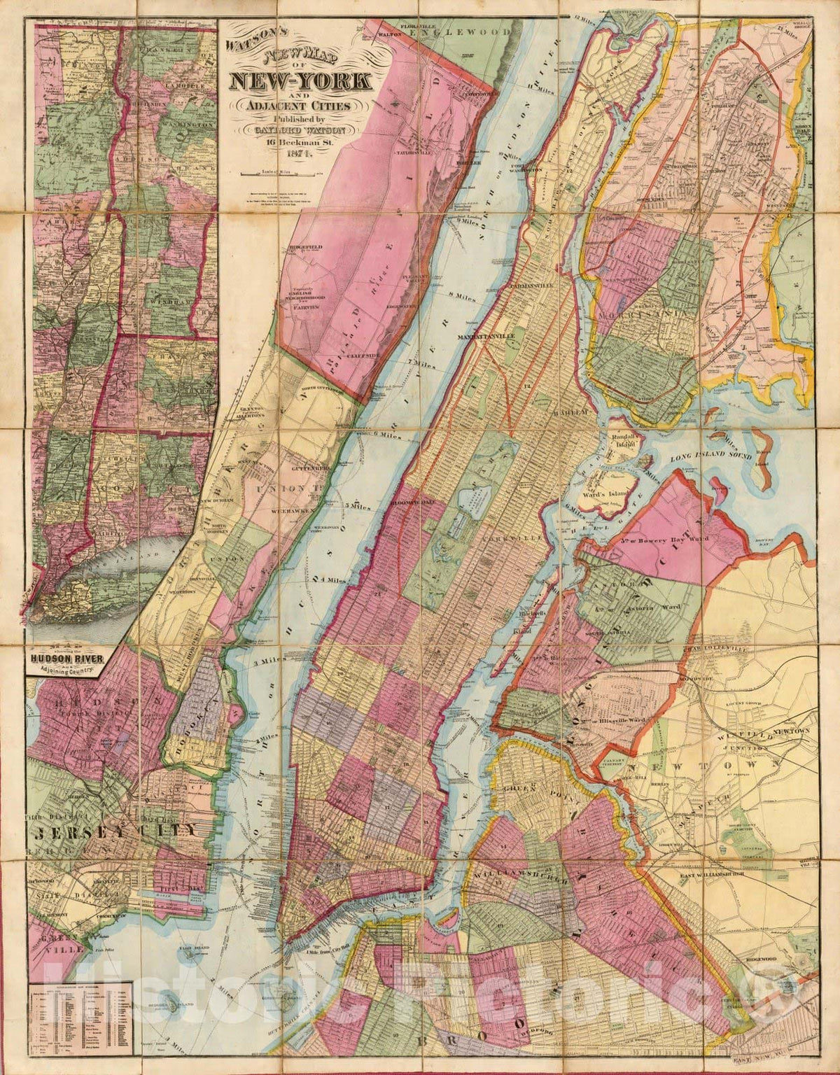 New York and Adjacent Cities - River Map, 1874 - Historical Map Print