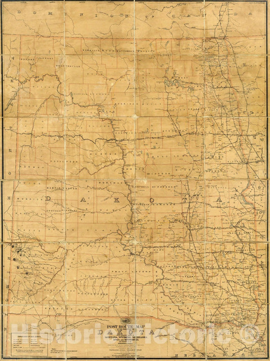 Dakota Territory Postal Map 1885 - Historical Mail Routes and Post Offices