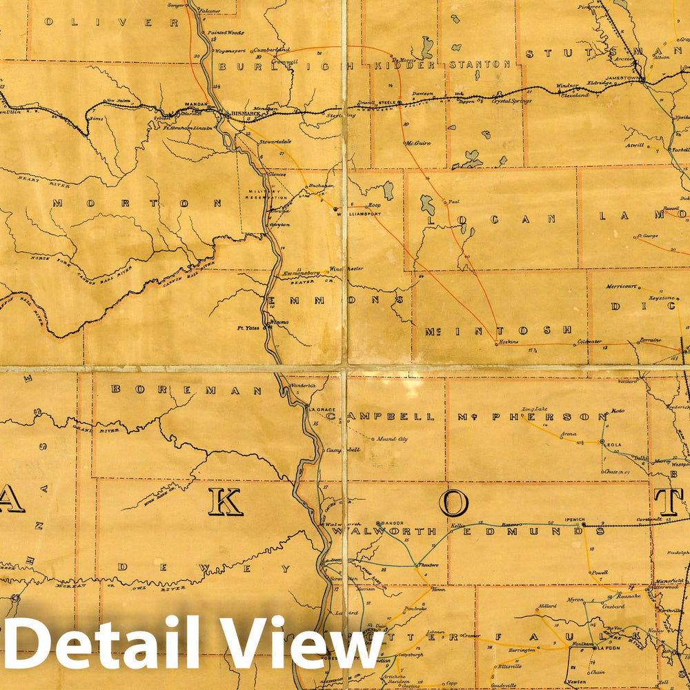 Historic Map : Post route map of the Territory of Dakota, 1885 - Vintage Wall Art