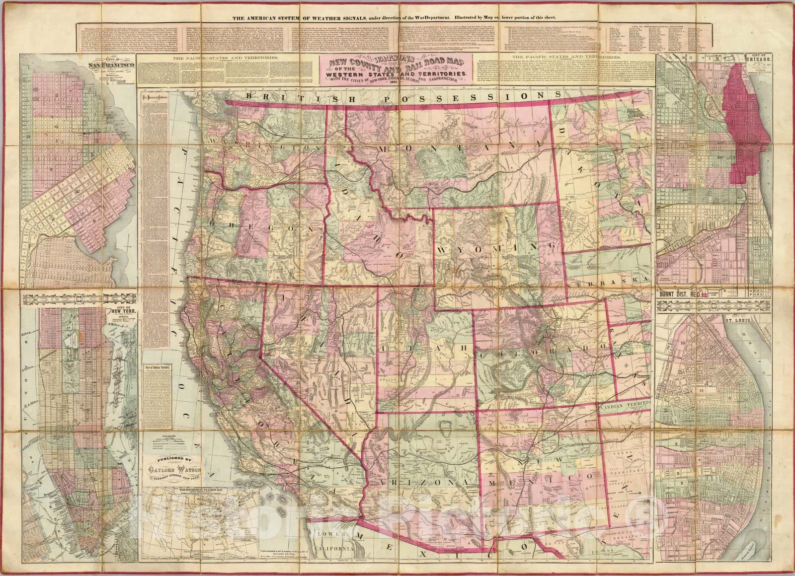 Historic Map : Watson's New County and Railroad Map of the Western States and Territories, 1874 - Vintage Wall Art