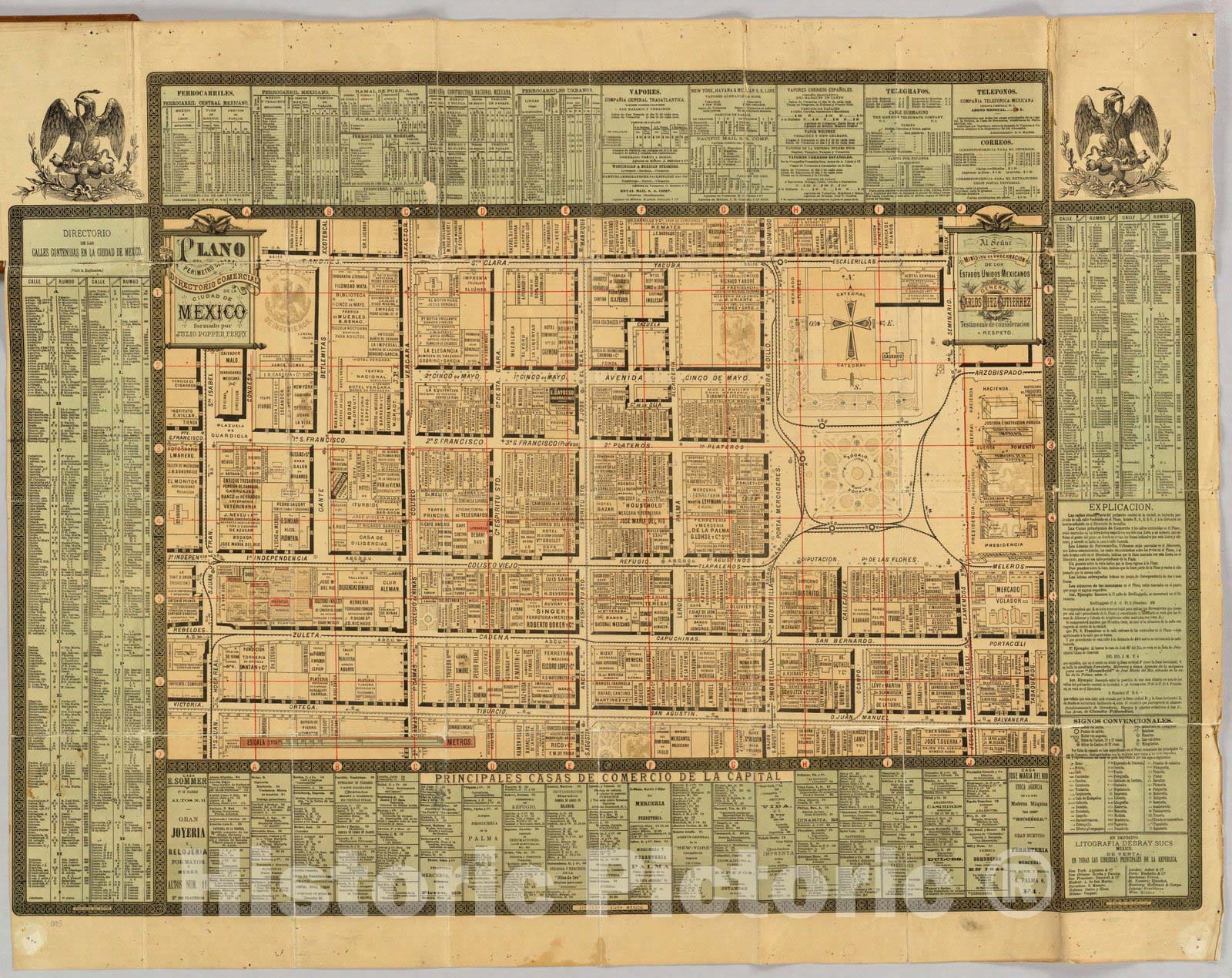 Historic Map : Mexico , City (Mexico), Pocket Map, Plano del perimetro central, directorio comerical de la Ciudad de Mexico. 1883 , Vintage Wall Art