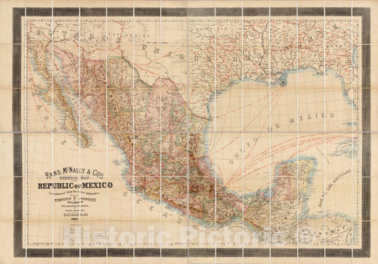 Mexico - Railroad Map, 1882 - Historical Map Print