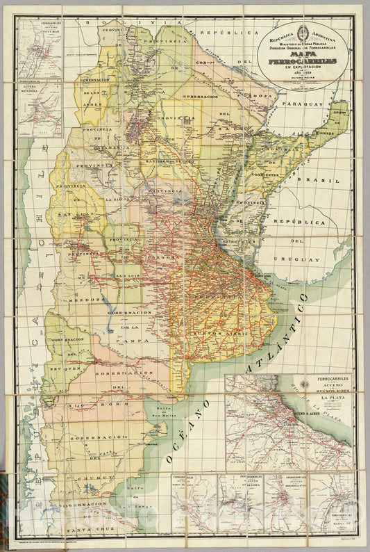 Historic Map : Argentina , Buenos Aires (Argentina), Mapa de los ferrocarriles en explotacion, 1925 , Vintage Wall Art