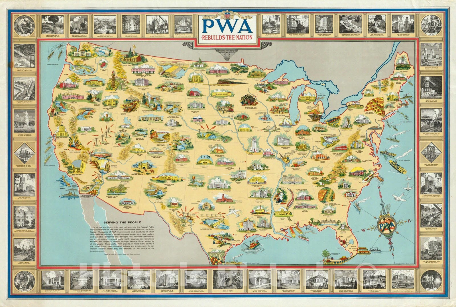 United States - Pictorial Map, 1935 - PWA Infrastructure Historical Print