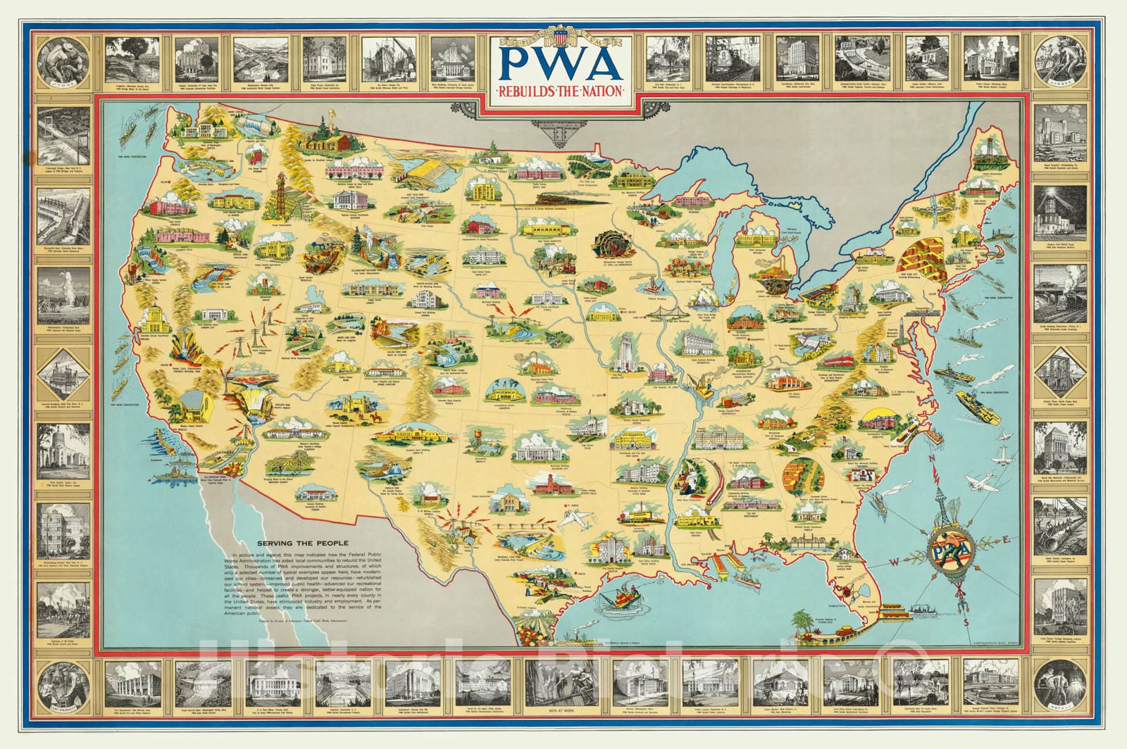 Historic Map - PWA rebuilds the Nation. 1935 - Vintage Wall Art