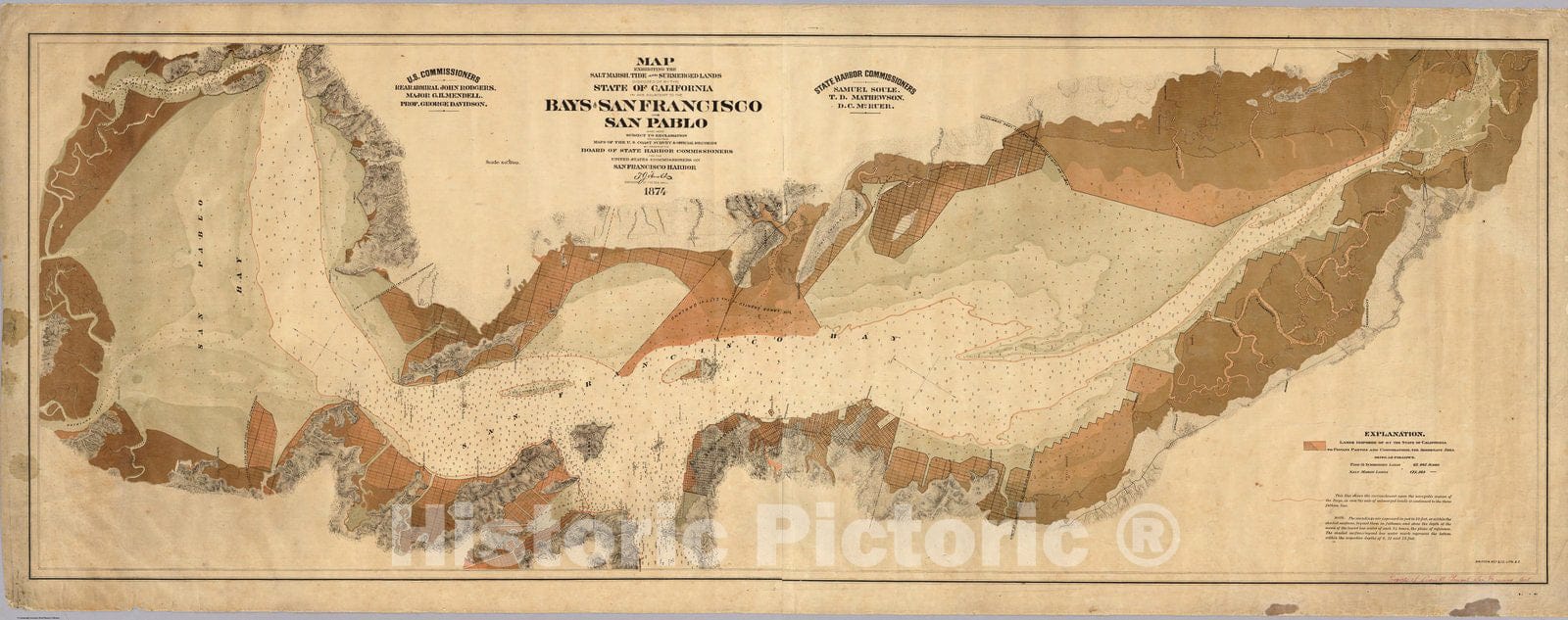Historic Map : Map exhibiting the salt marsh ... lands adjacent to the bays of San Francisco and San Pablo., 1874, Vintage Wall Decor