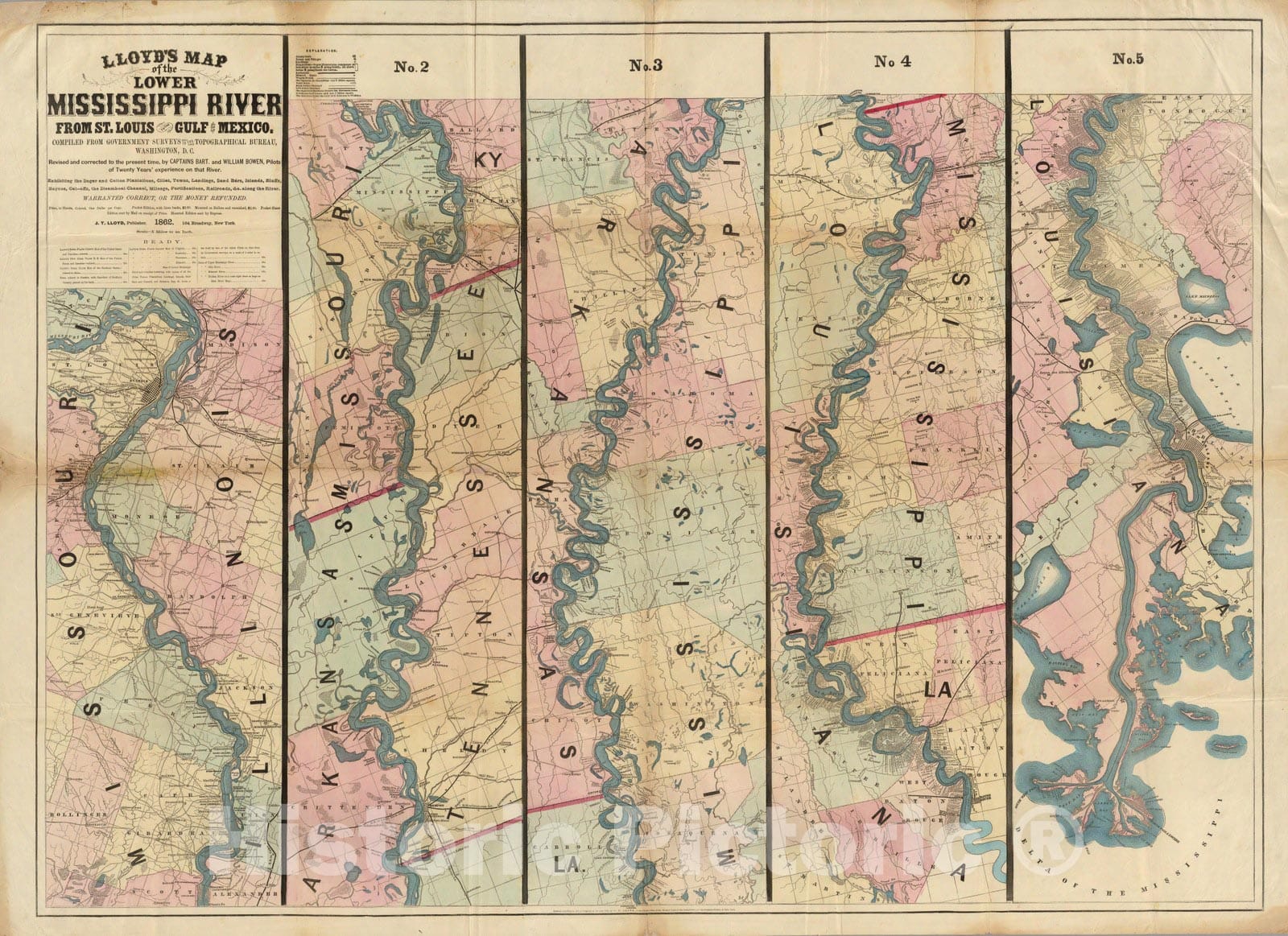 Lower Mississippi River, St. Louis to Gulf of Mexico - Railroad Map, 1862