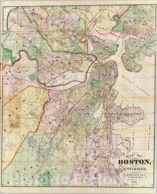 Boston and Environs, Massachusetts 1874 Historical Map Print