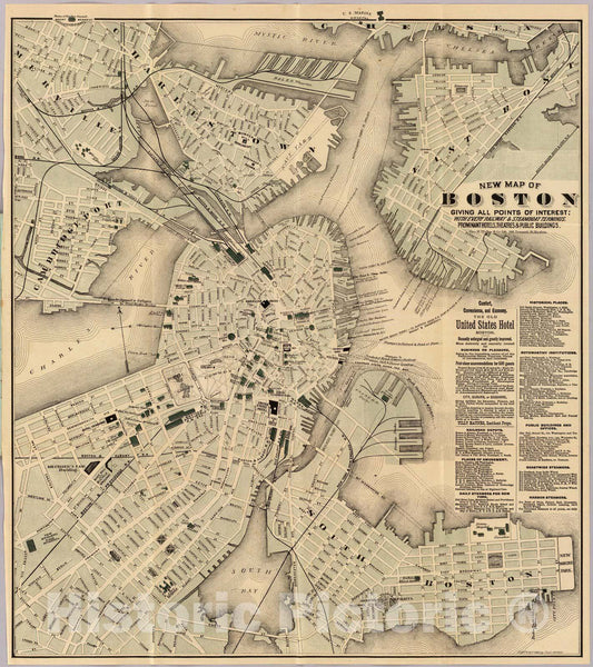 Boston and Boston Harbor - Bird's Eye View, 1884 - Historical Map Print