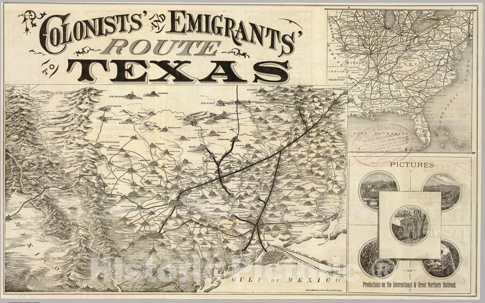 Historic Map : Timetable Map, Route to Texas. 1878 - Vintage Wall Art
