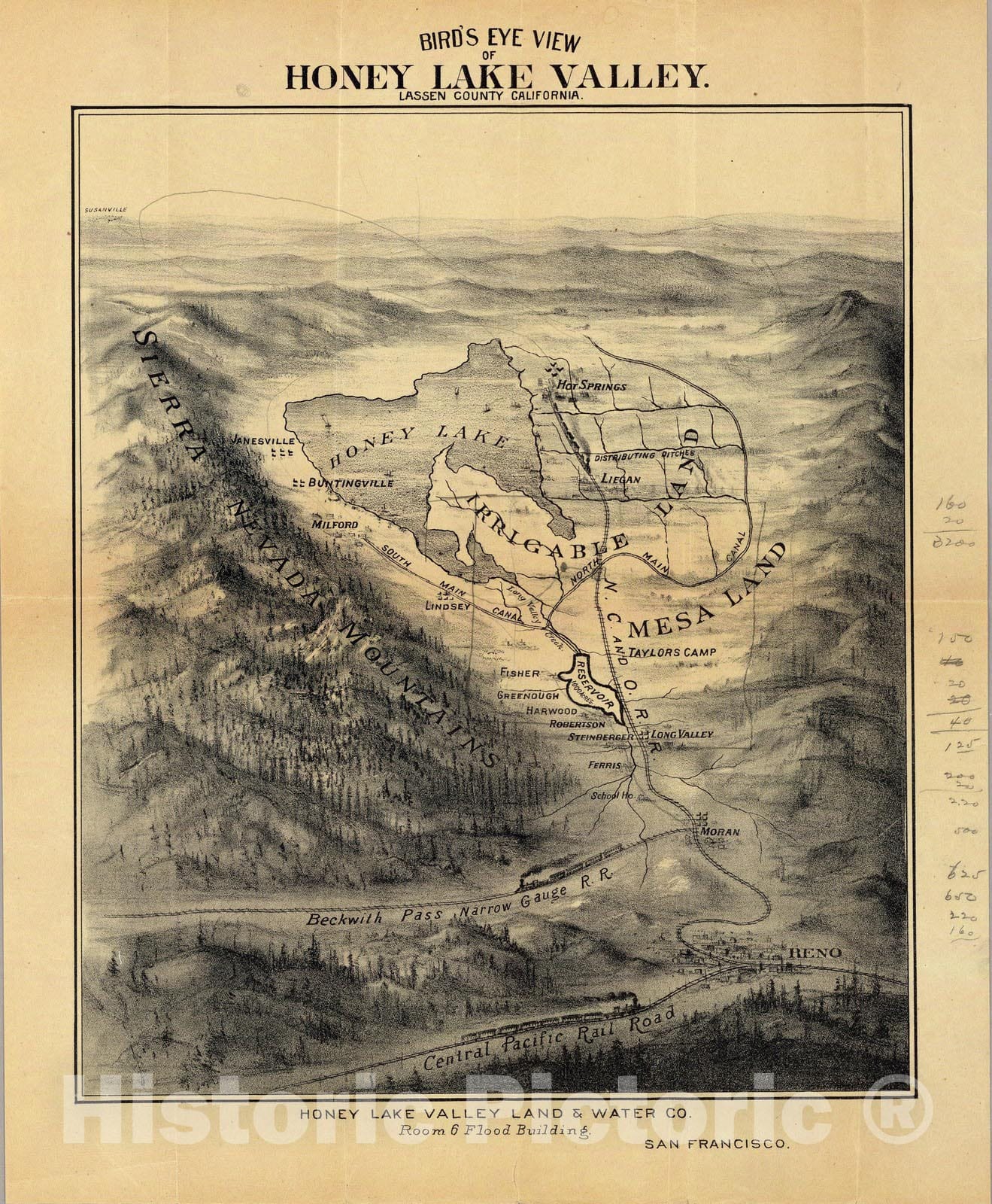Honey Lake Valley, Lassen County, California - Bird's Eye View, 1891 - Historical Map Print