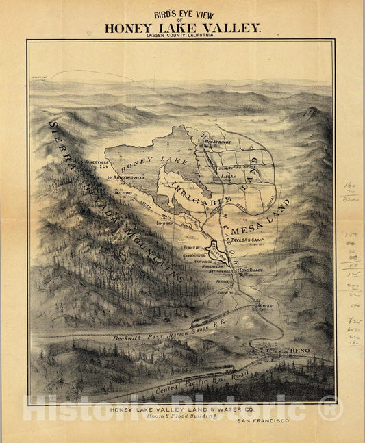 Honey Lake Valley, Lassen County, California - Bird's Eye View, 1891 - Historical Map Print