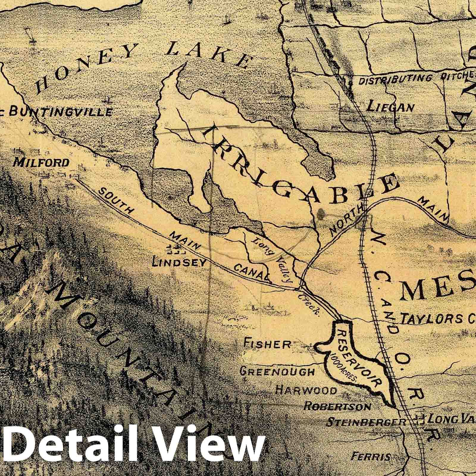 Honey Lake Valley, Lassen County, California - Bird's Eye View, 1891 - Historical Map Print