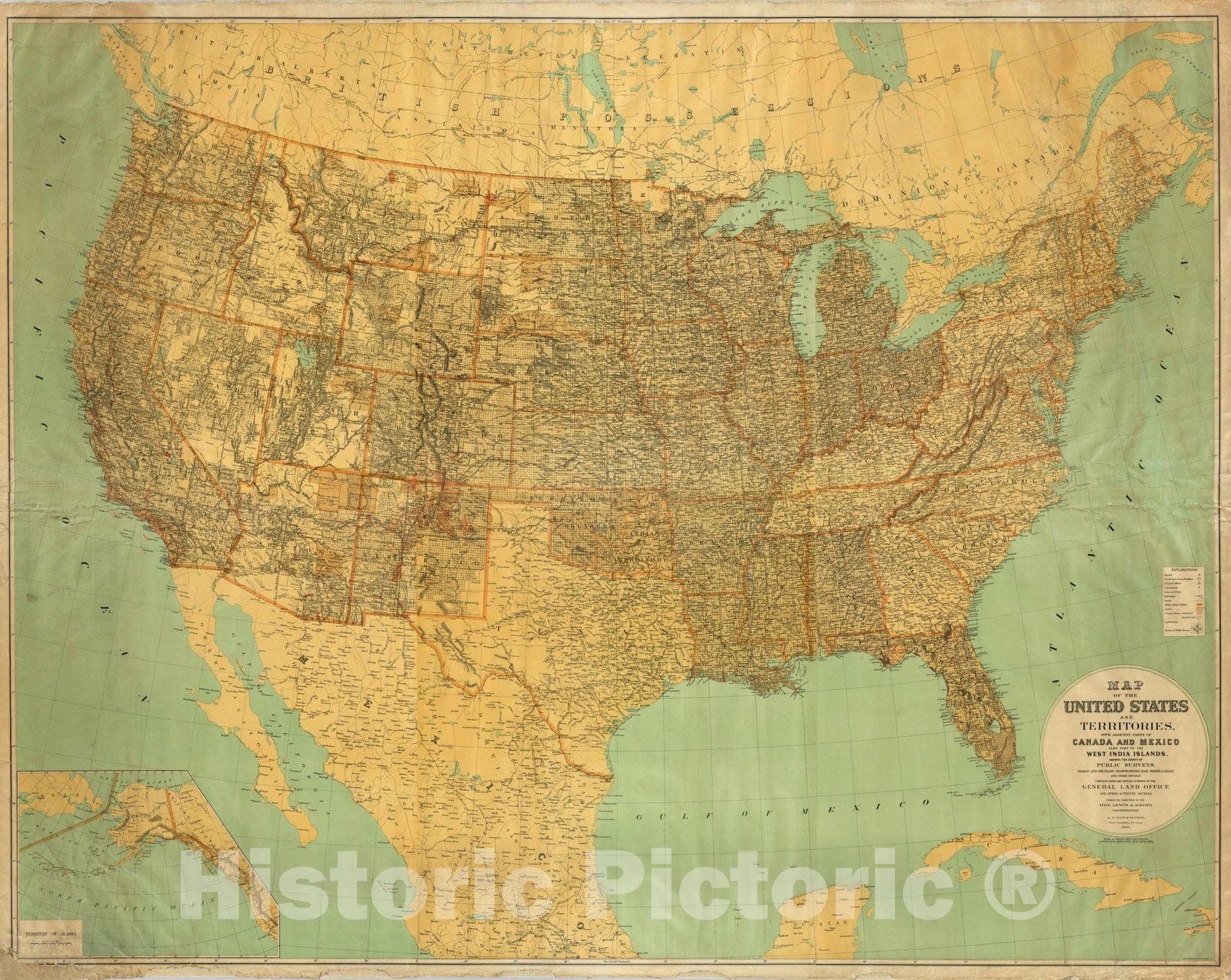 Historic Map : Wall Map, United States and territories. 1890 - Vintage Wall Art