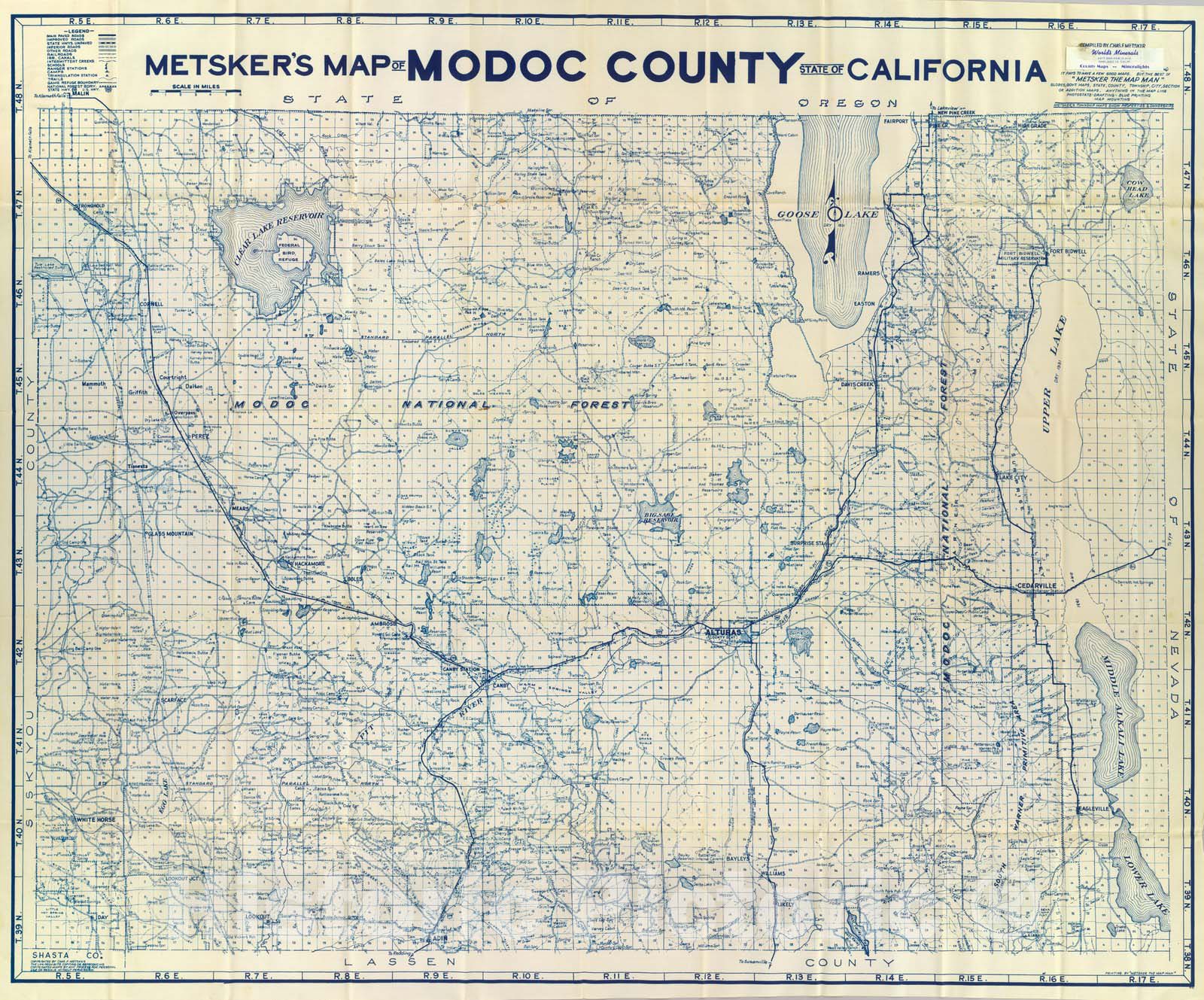 Modoc County, California - Road Map, 1952 - Historical Map Print