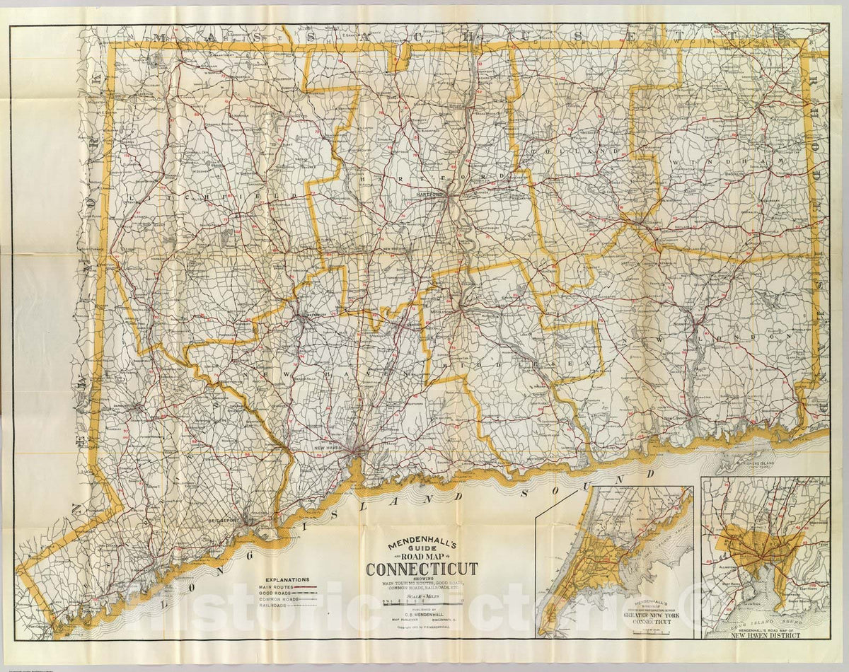 Connecticut - Road Map, 1909 - Historical Map Print